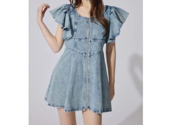 牛仔荷葉袖短款連身裙