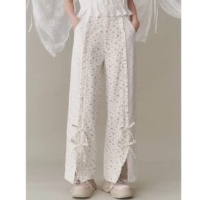 開叉蕾絲涼感花卉休閒褲