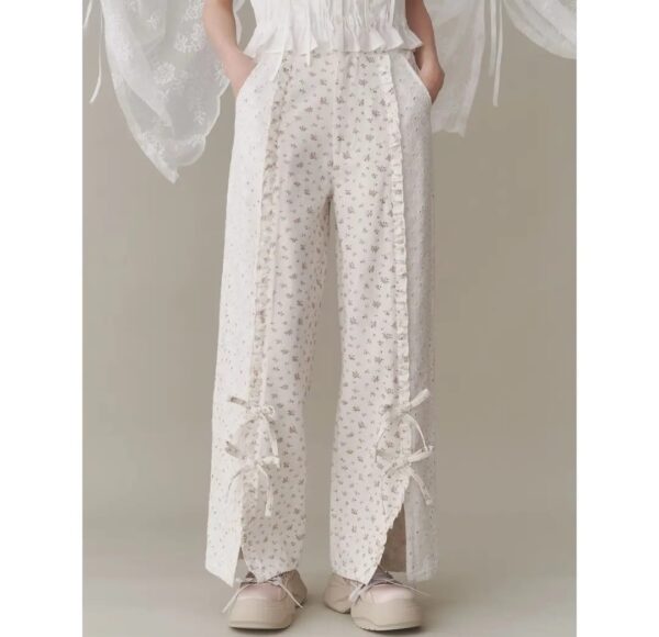 開叉蕾絲涼感花卉休閒褲