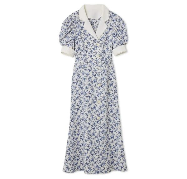 泡泡袖印花連身裙