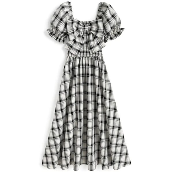 一字膊格仔連身裙