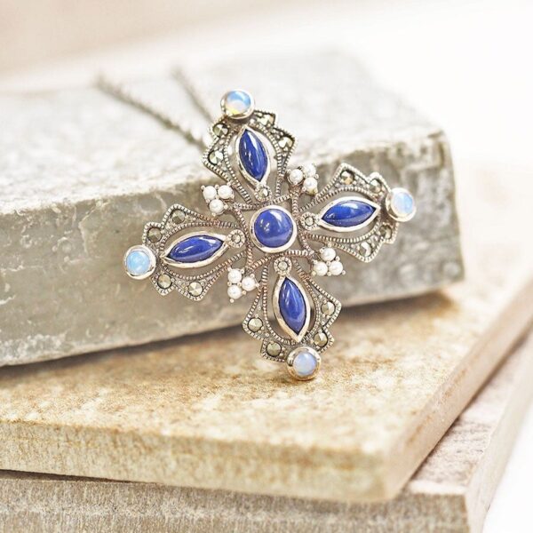 204C0542-1_01 【Made in Japan】青金石與蛋白石 胸針/吊墜