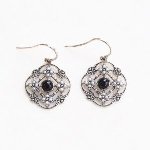 【Made in Japan】縞瑪瑙 珍珠 古董蕾絲 耳環