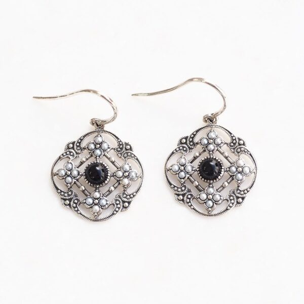 204E0337-3-ONC_01 【Made in Japan】縞瑪瑙 珍珠 古董蕾絲 耳環