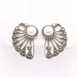 【Made in Japan】SV系列 珍珠粒＆馬爾卡石 扇形耳環/夾式耳環