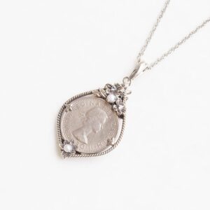 【Made in Japan】White Topaz與珍珠 幸運六便士硬幣 吊墜