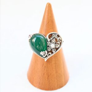 【Made in Japan】SV 綠瑪瑙 粉紅碧璽 心形戒指