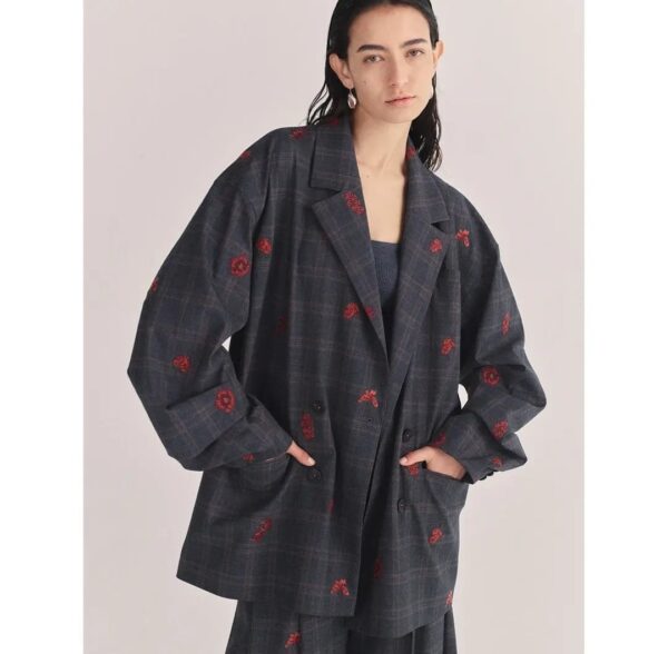格紋刺繡花卉寬鬆西裝外套