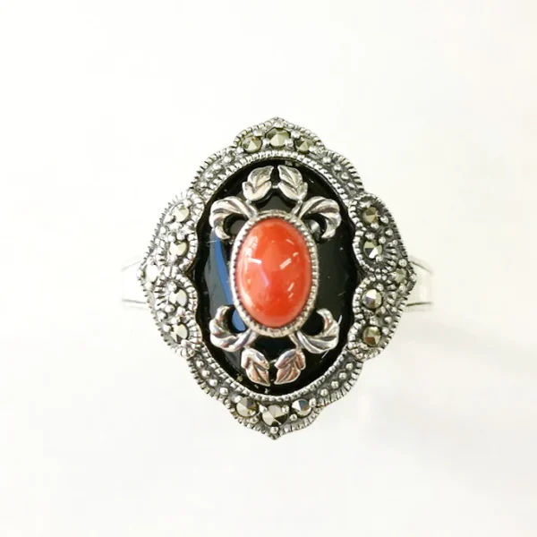 202R0836-TY_01 【Made in Japan】 SV系列 珊瑚&縞瑪瑙 中式趣味美術風格 戒指