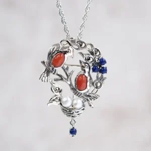 【Made in Japan】 SV系列 珊瑚＆青金石 知更鳥 項鍊胸針