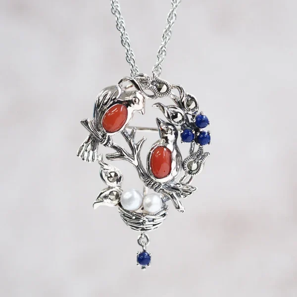 【Made in Japan】 SV系列 珊瑚＆青金石 知更鳥 項鍊胸針