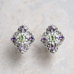 【Made in Japan】 SV系列 橄欖石＆紫水晶　嵌鑲耳環/耳夾