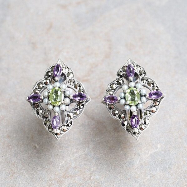 204E0179_01 【Made in Japan】 SV系列 橄欖石&紫水晶 嵌鑲耳環/耳夾