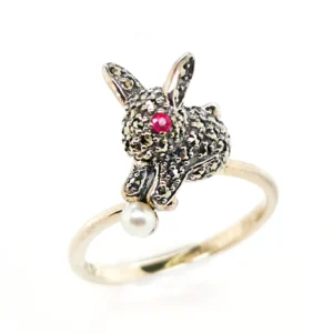 【Made in Japan】 SV系列 紅寶石＆珍珠＆馬卡石 兔仔 戒指