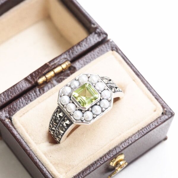 【Made in Japan】 SV系列 橄欖石＆珍珠 八角形戒指