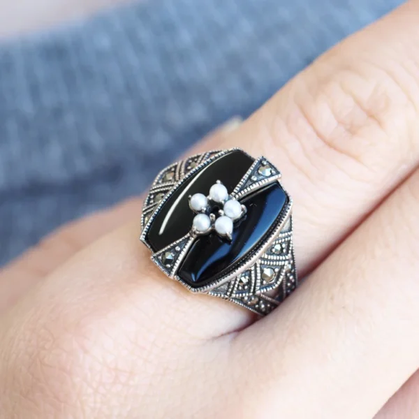 【Made in Japan】 SV系列 黑瑪瑙＆珍珠＆馬克賽石 戒指