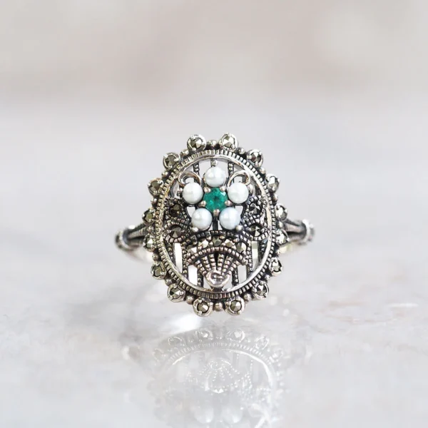 【Made in Japan】 SV系列 綠寶石與珍珠花束戒指