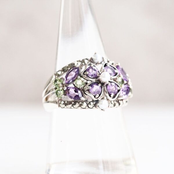 【Made in Japan】 SV系列 橄欖石＆紫水晶 雙色花戒指