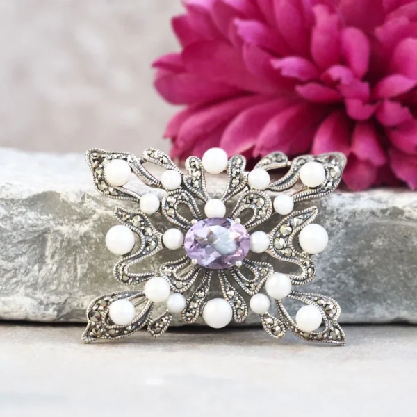 204C1016-AMF_01 【Made in Japan】 SV系列 紫水晶與珍珠 長方形 項鍊胸針