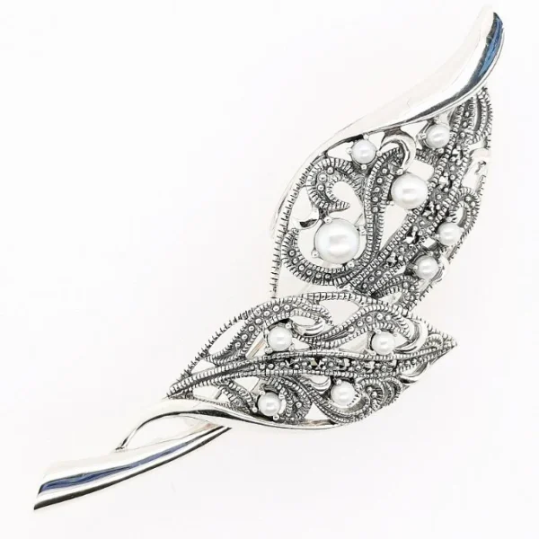 【Made in Japan】 SV系列 珍珠及馬卡石葉形吊墜胸針